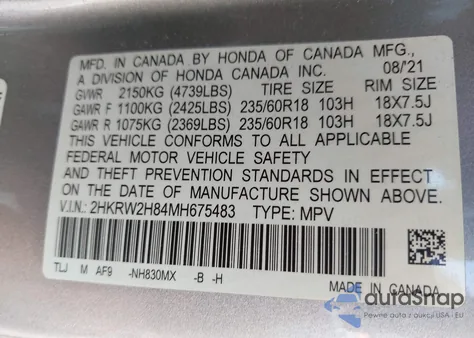 2021 Honda Cr-V Awd Ex-L from USA, damaged, VIN 2HKRW2H84MH675483